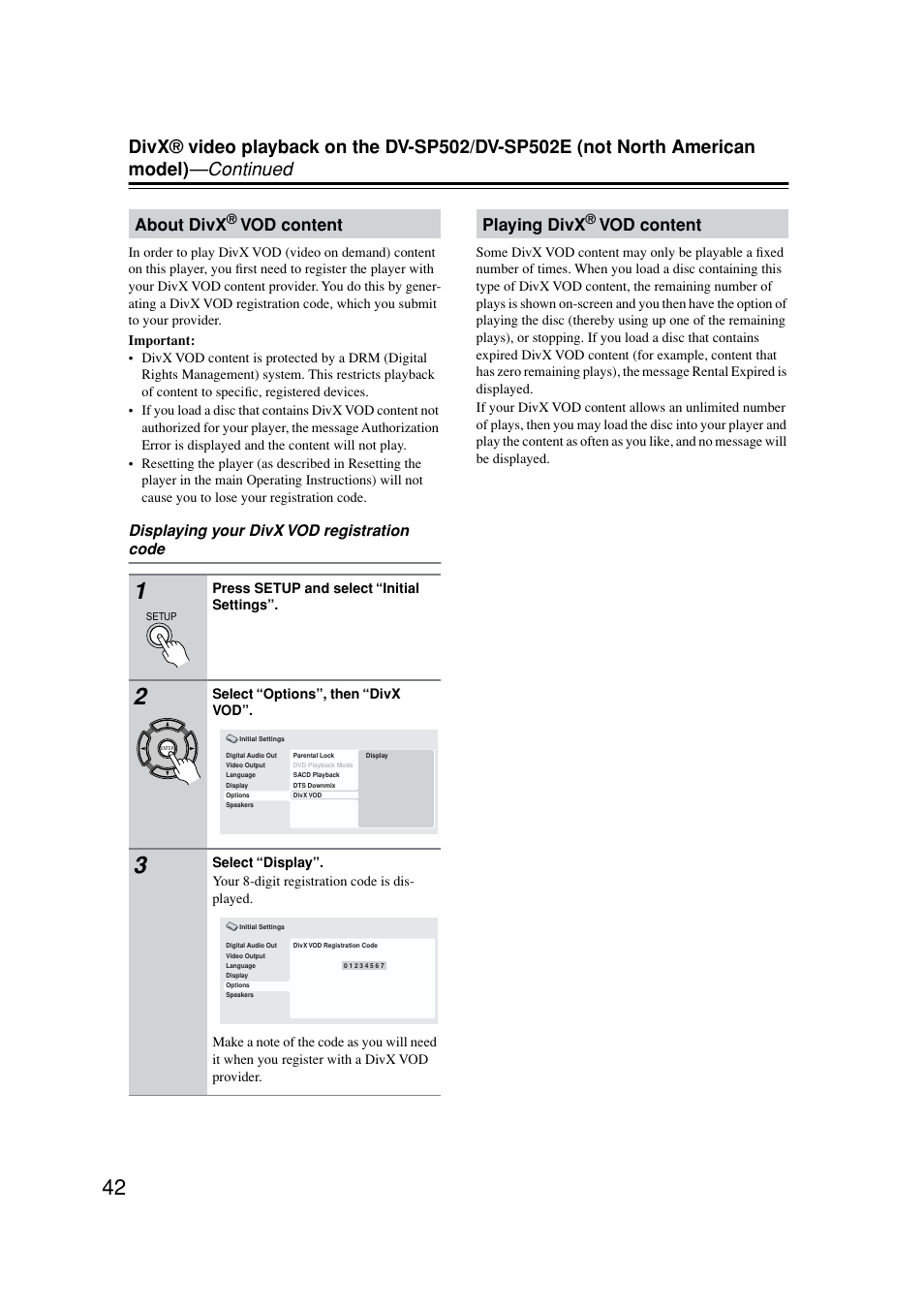 About divx, Vod content, Playing divx | Displaying your divx vod registration code | Onkyo DV-SP502E User Manual | Page 42 / 73