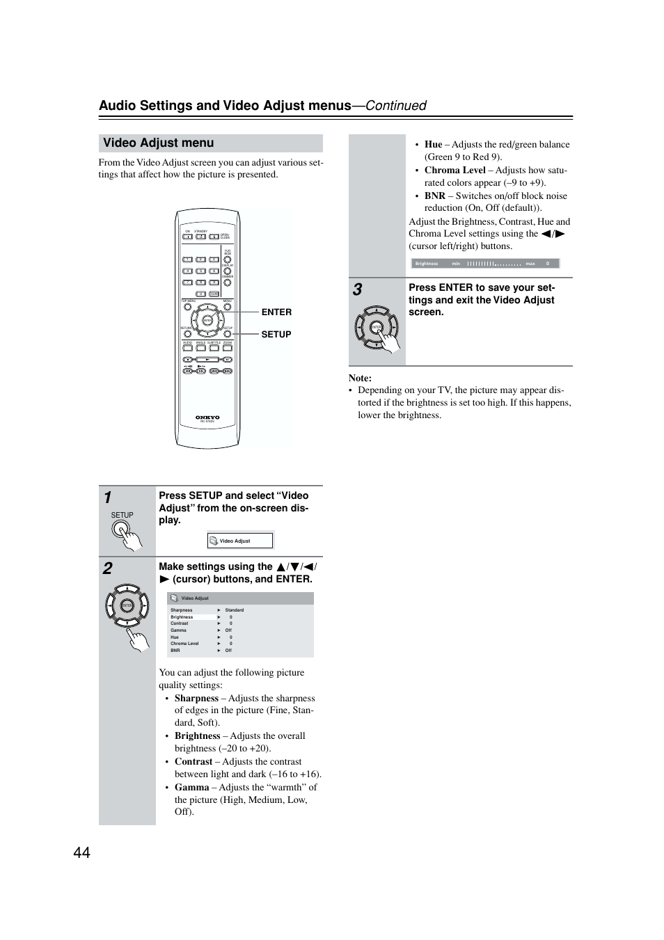 Video adjust menu, Audio settings and video adjust menus —continued | Onkyo DV-SP502E User Manual | Page 44 / 73