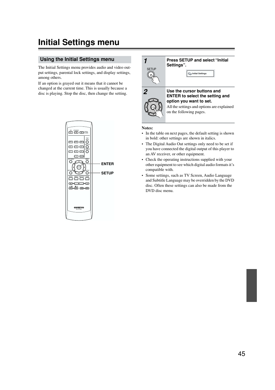 Initial settings menu, Using the initial settings menu, Press setup and select “initial settings | Onkyo DV-SP502E User Manual | Page 45 / 73