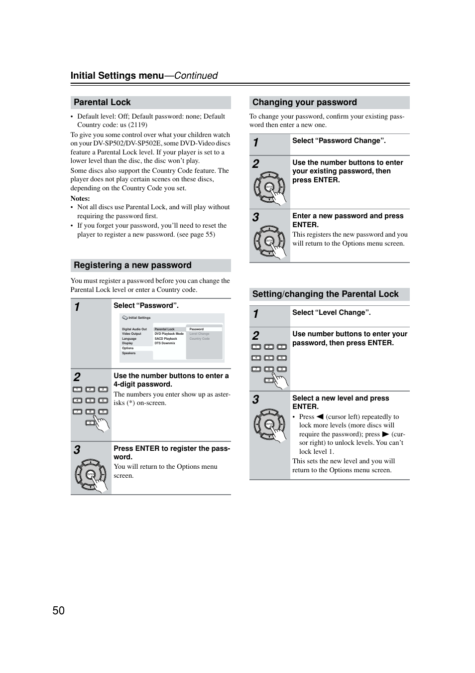 Parental lock, Initial settings menu —continued, Parental lock registering a new password | Changing your password, Setting/changing the parental lock | Onkyo DV-SP502E User Manual | Page 50 / 73