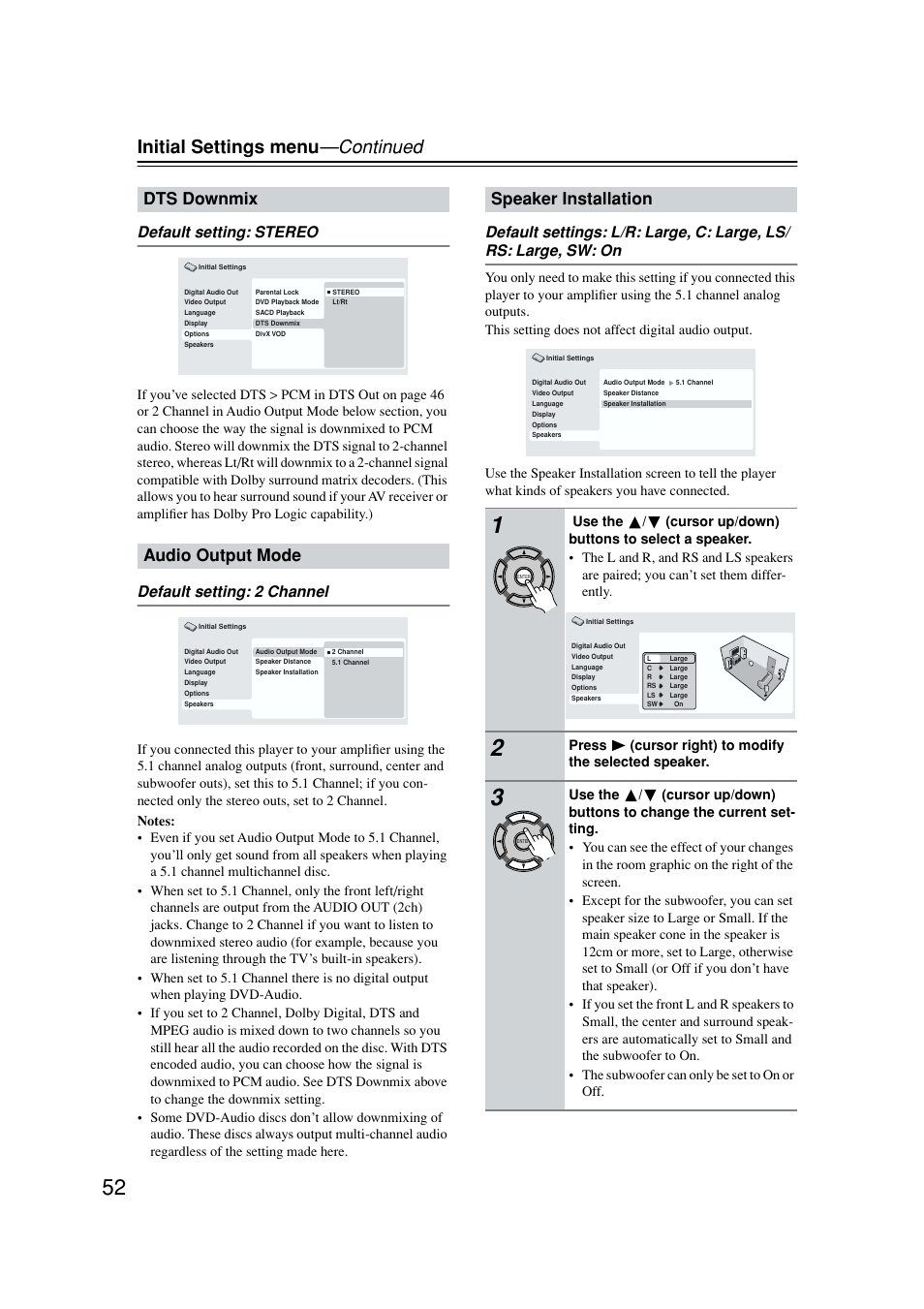 Dts downmix, Audio output mode, Speaker installation | Initial settings menu —continued, Dts downmix audio output mode, Default setting: stereo, Default setting: 2 channel | Onkyo DV-SP502E User Manual | Page 52 / 73