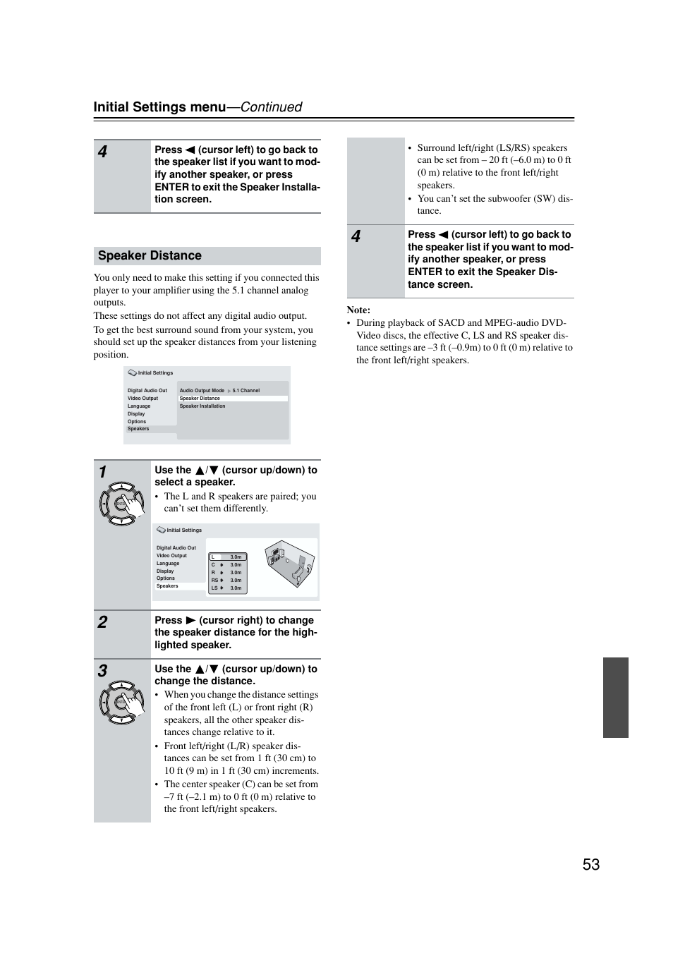 Speaker distance, Initial settings menu —continued | Onkyo DV-SP502E User Manual | Page 53 / 73