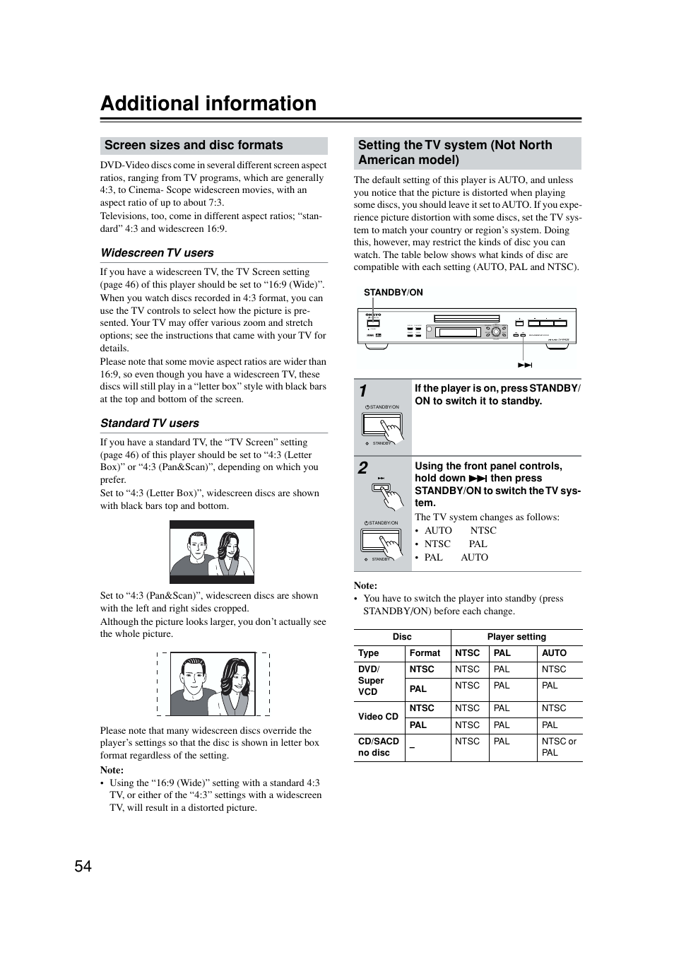 Additional information, Screen sizes & disc formats | Onkyo DV-SP502E User Manual | Page 54 / 73