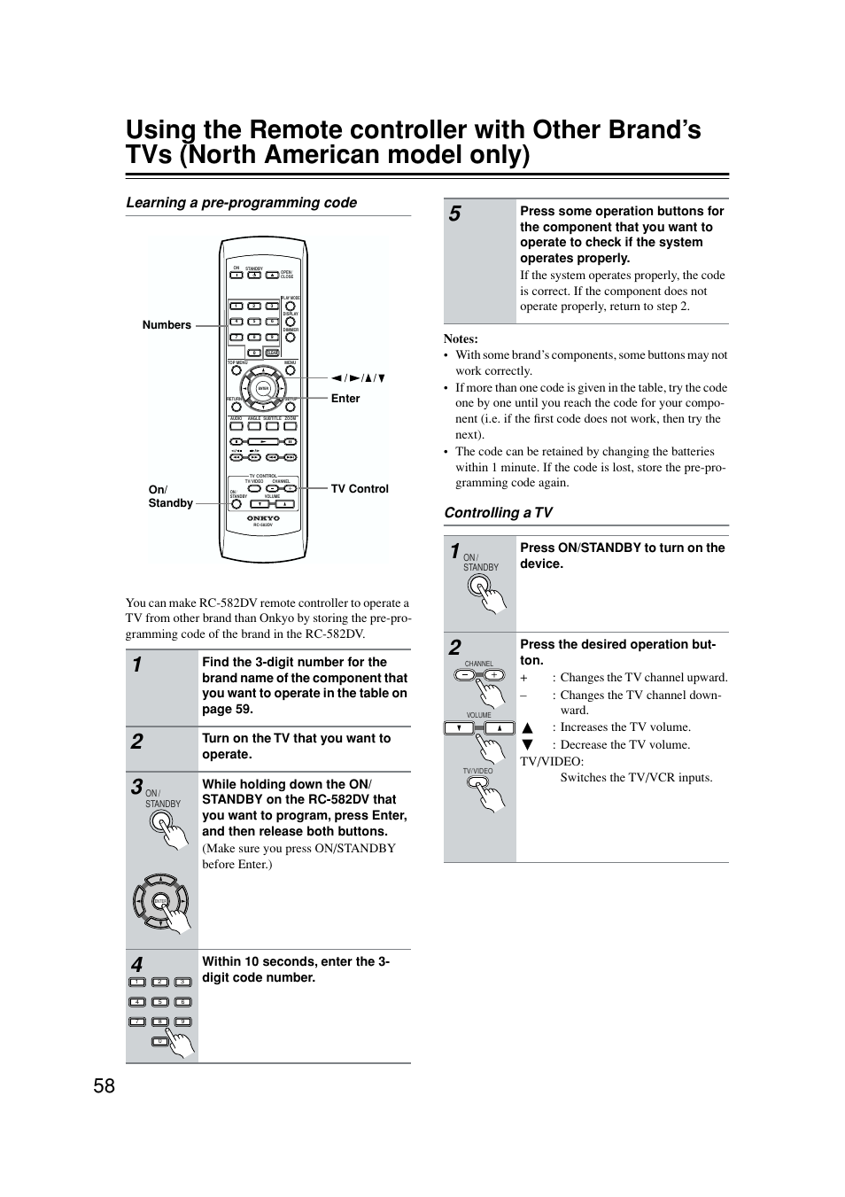 Programming the remote, Learning a pre-programming code, Controlling a tv | Turn on the tv that you want to operate, Within 10 seconds, enter the 3- digit code number, Press on/standby to turn on the device | Onkyo DV-SP502E User Manual | Page 58 / 73