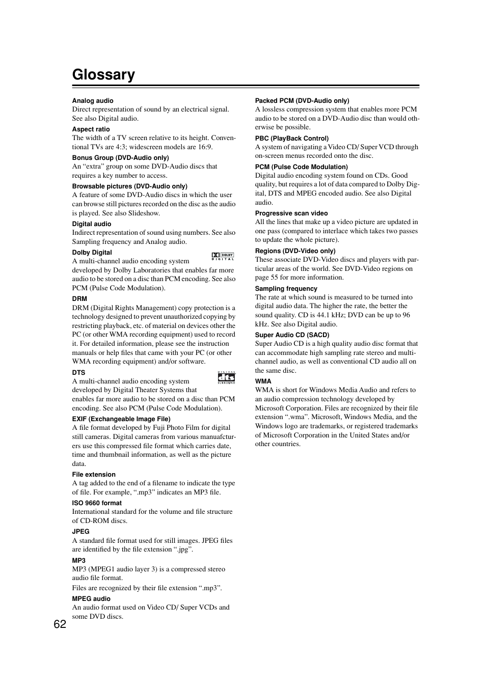 Glossary | Onkyo DV-SP502E User Manual | Page 62 / 73