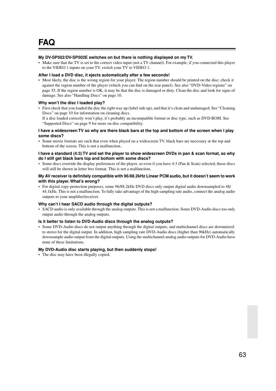 Faqs | Onkyo DV-SP502E User Manual | Page 63 / 73