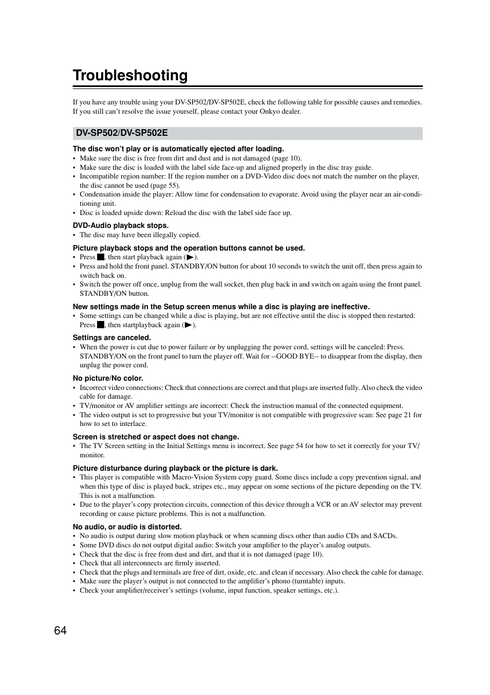 Troubleshooting | Onkyo DV-SP502E User Manual | Page 64 / 73