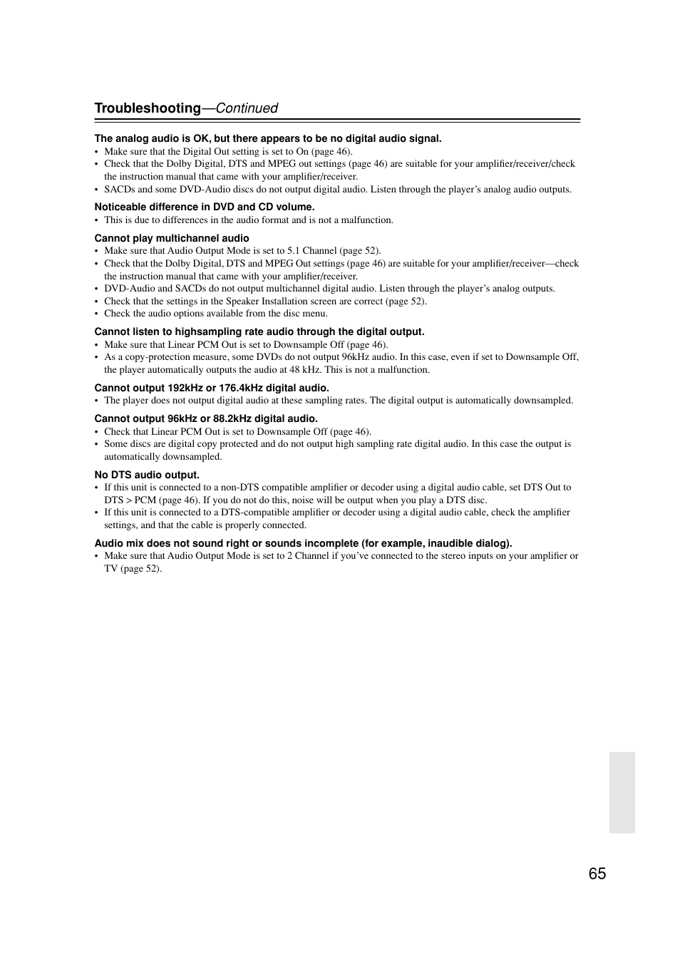 Troubleshooting —continued | Onkyo DV-SP502E User Manual | Page 65 / 73