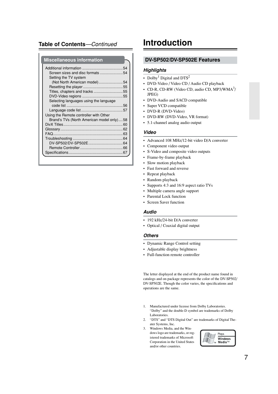 Introduction, Table of contents —continued | Onkyo DV-SP502E User Manual | Page 7 / 73