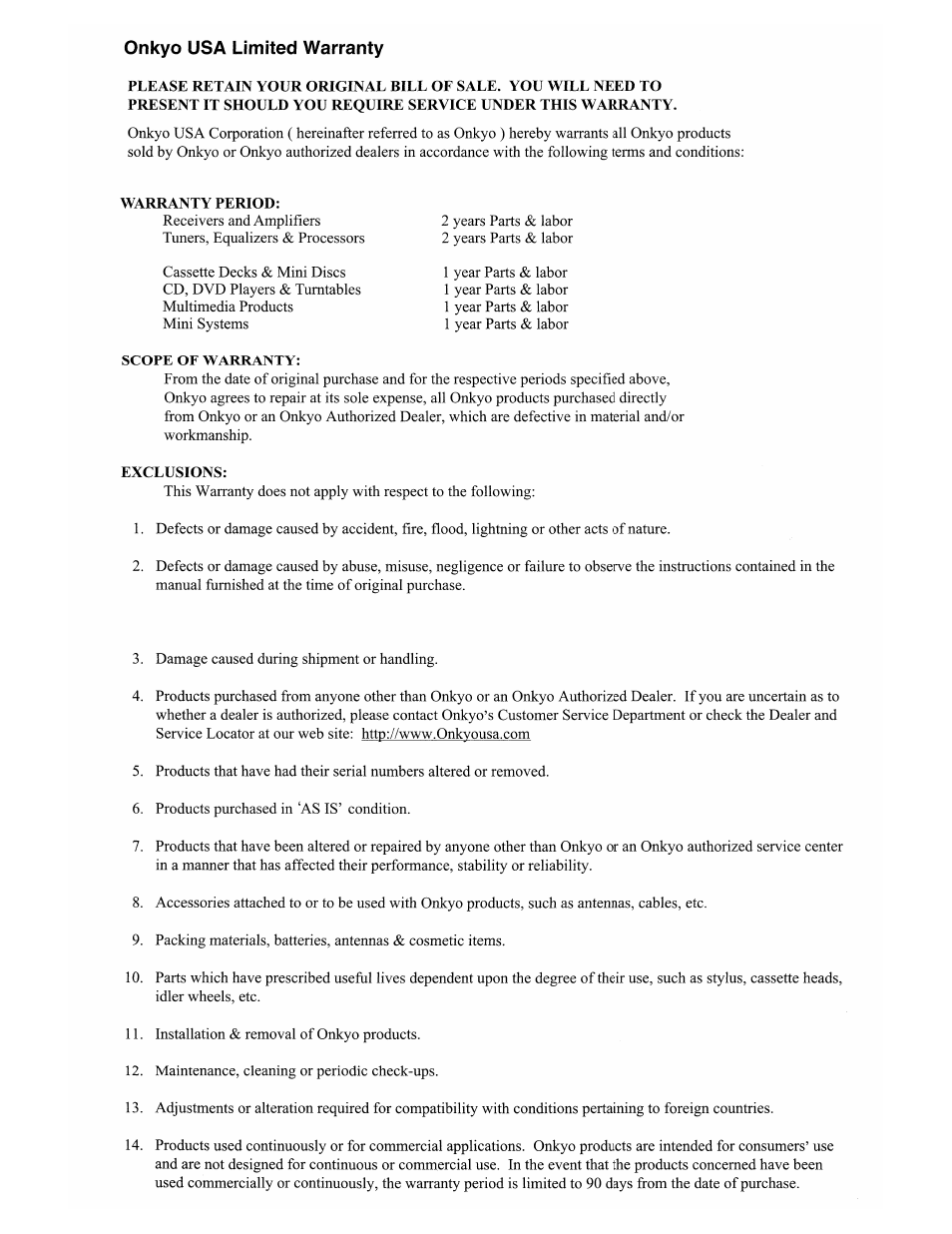 Warranty | Onkyo DV-SP502E User Manual | Page 73 / 73