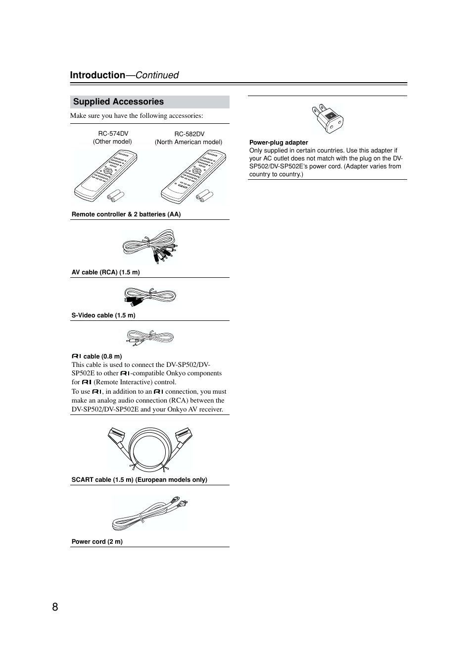 Supplied accessories, Introduction —continued | Onkyo DV-SP502E User Manual | Page 8 / 73