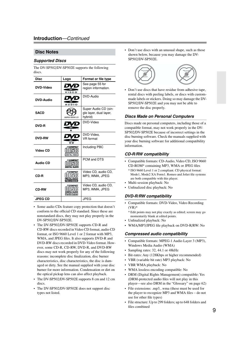 Disc / format compatibility, Introduction —continued | Onkyo DV-SP502E User Manual | Page 9 / 73