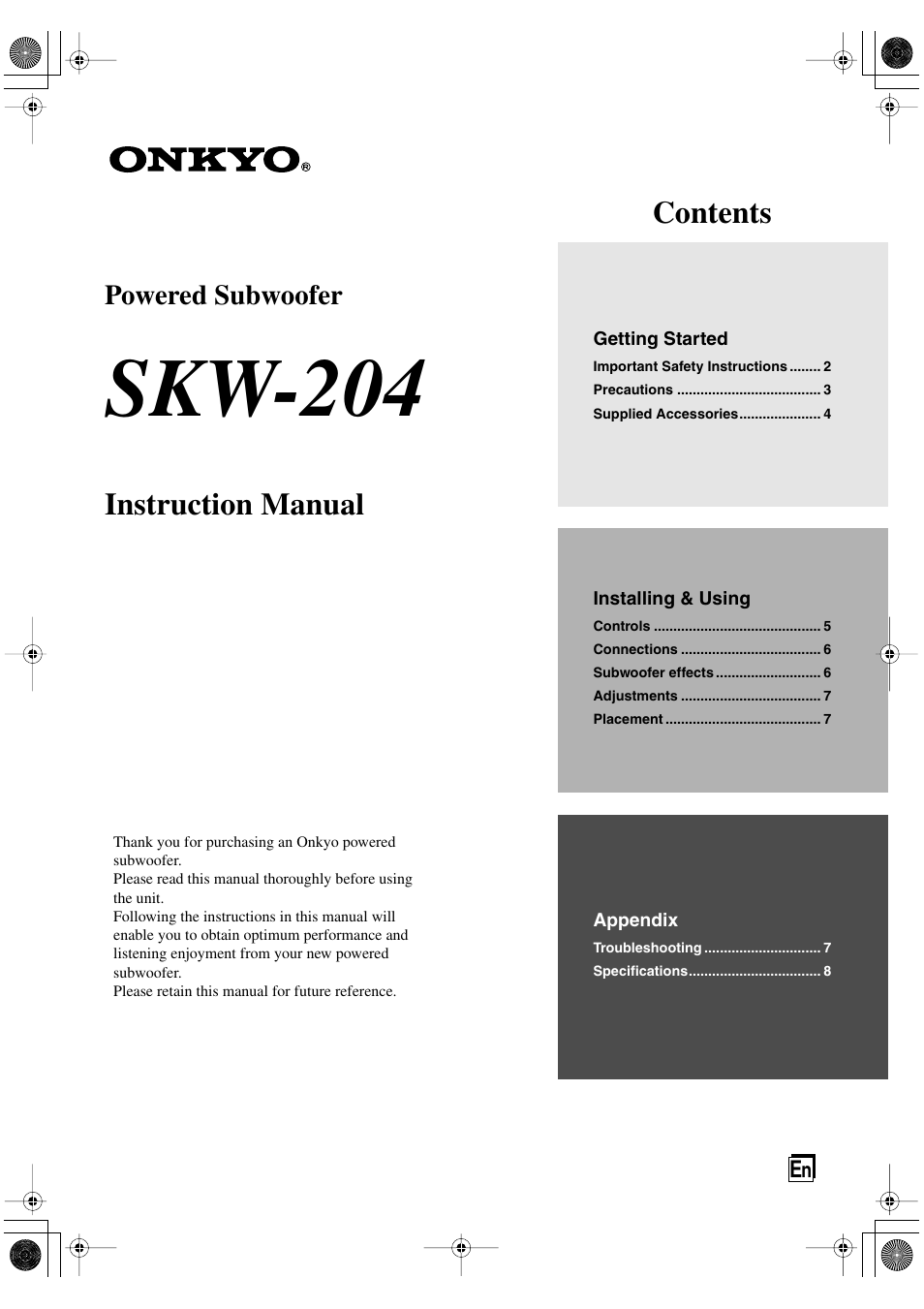 Onkyo SKW-204 User Manual | 8 pages