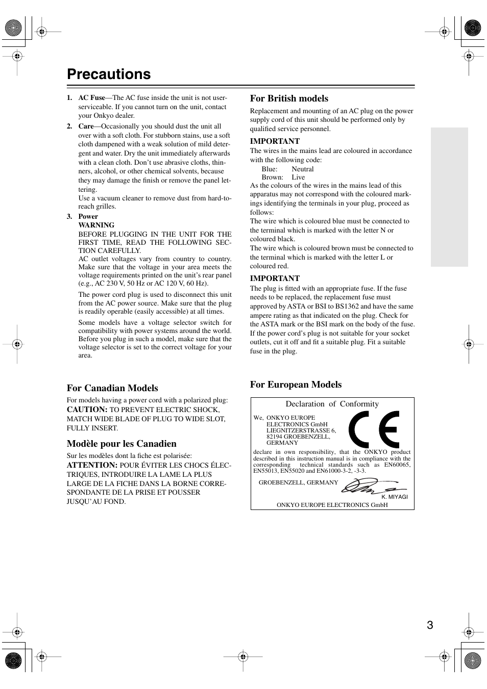 Precautions, For canadian models, Modèle pour les canadien | For british models, For european models | Onkyo SKW-204 User Manual | Page 3 / 8