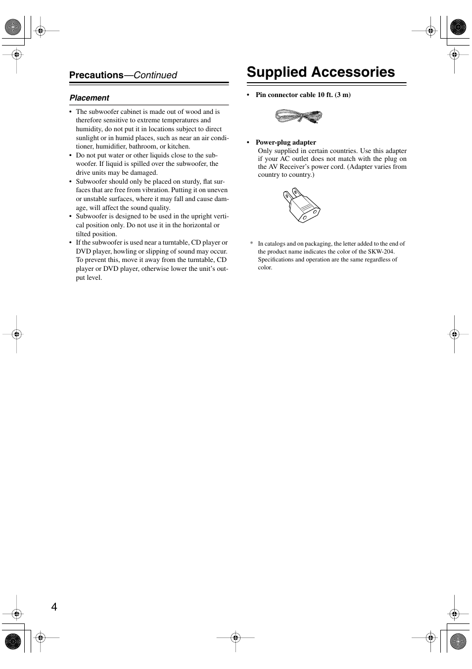 Supplied accessories | Onkyo SKW-204 User Manual | Page 4 / 8