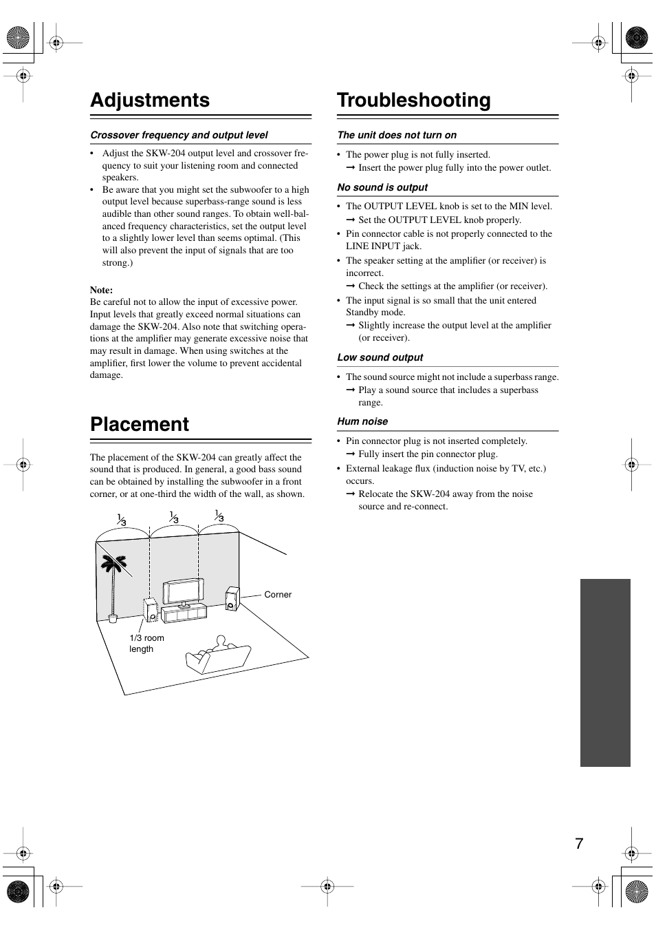 Adjustments, Placement, Troubleshooting | Onkyo SKW-204 User Manual | Page 7 / 8