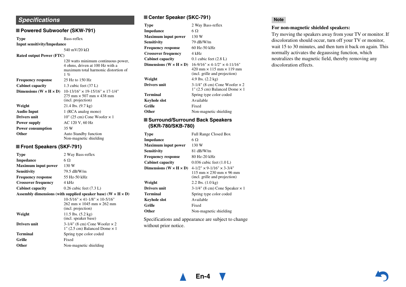 Specifications, En-4 | Onkyo AV Receiver HT-R791 User Manual | Page 100 / 148