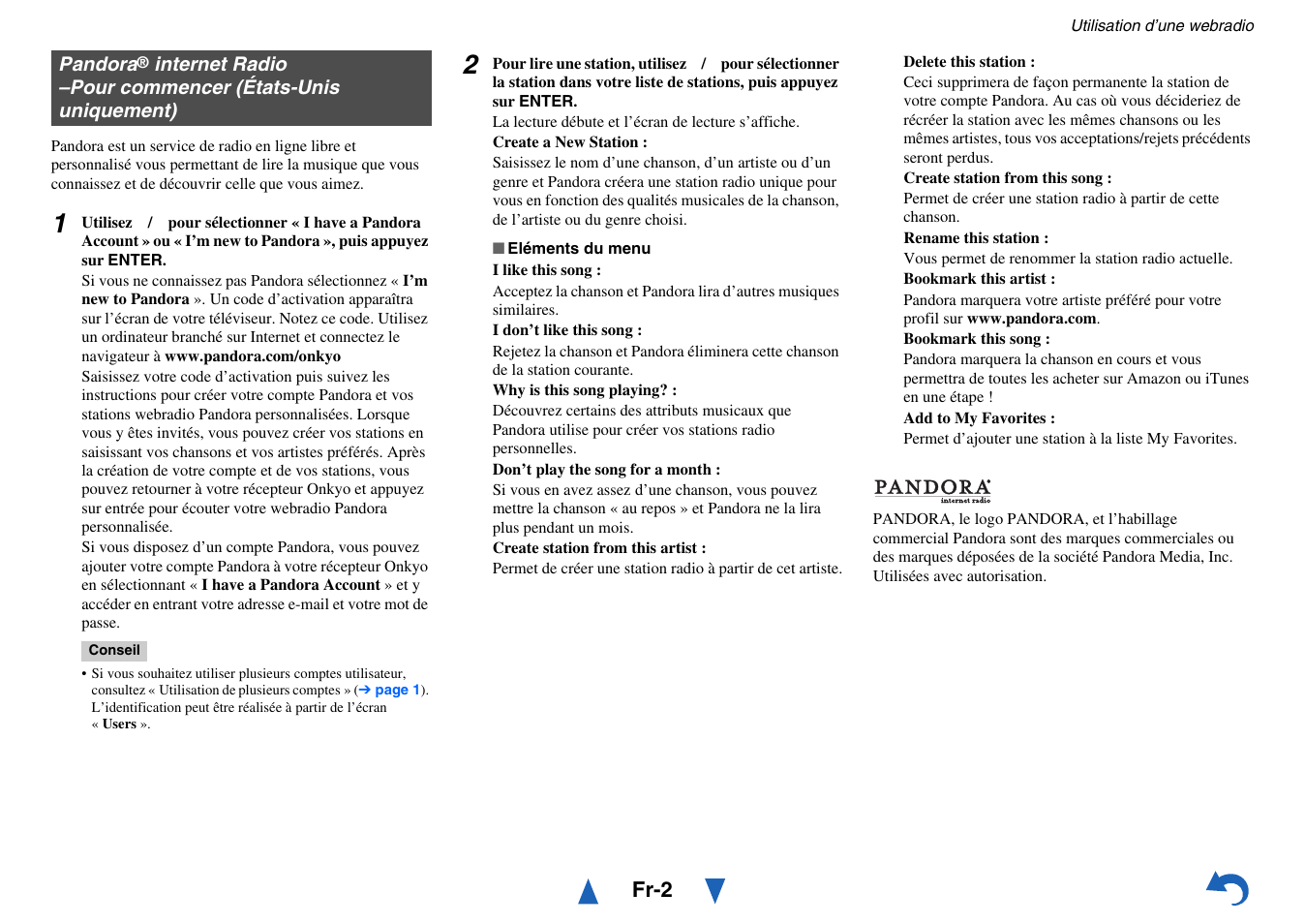 Pandora, Internet radio –pour commencer, États-unis uniquement) | Onkyo AV Receiver HT-R791 User Manual | Page 113 / 148