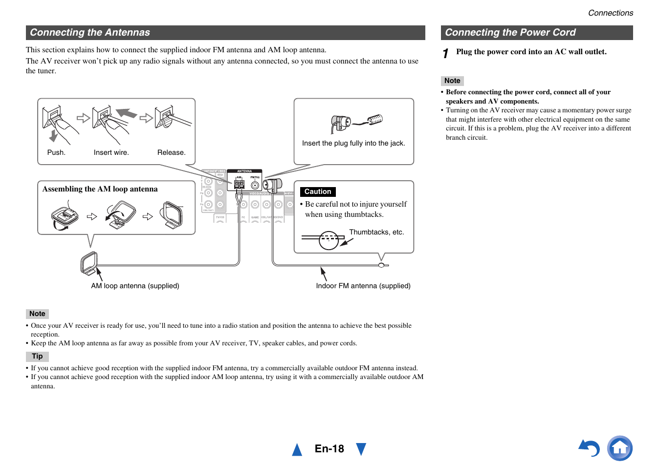 Connecting the antennas, Connecting the power cord, Connecting the antennas connecting the power cord | En-18 | Onkyo AV Receiver HT-R791 User Manual | Page 18 / 148