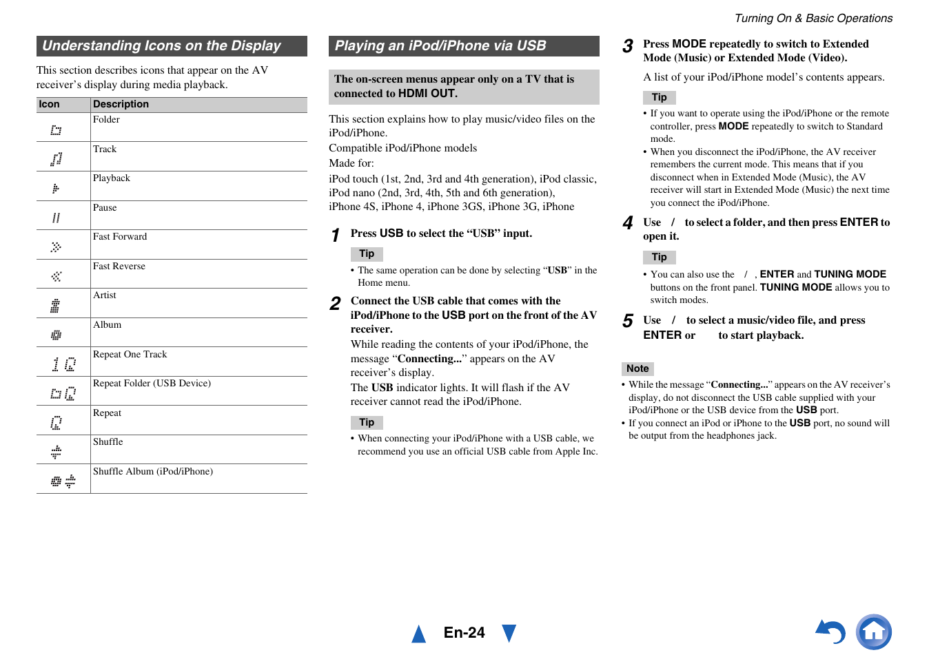 Understanding icons on the display, Playing an ipod/iphone via usb, En-24 | Onkyo AV Receiver HT-R791 User Manual | Page 24 / 148