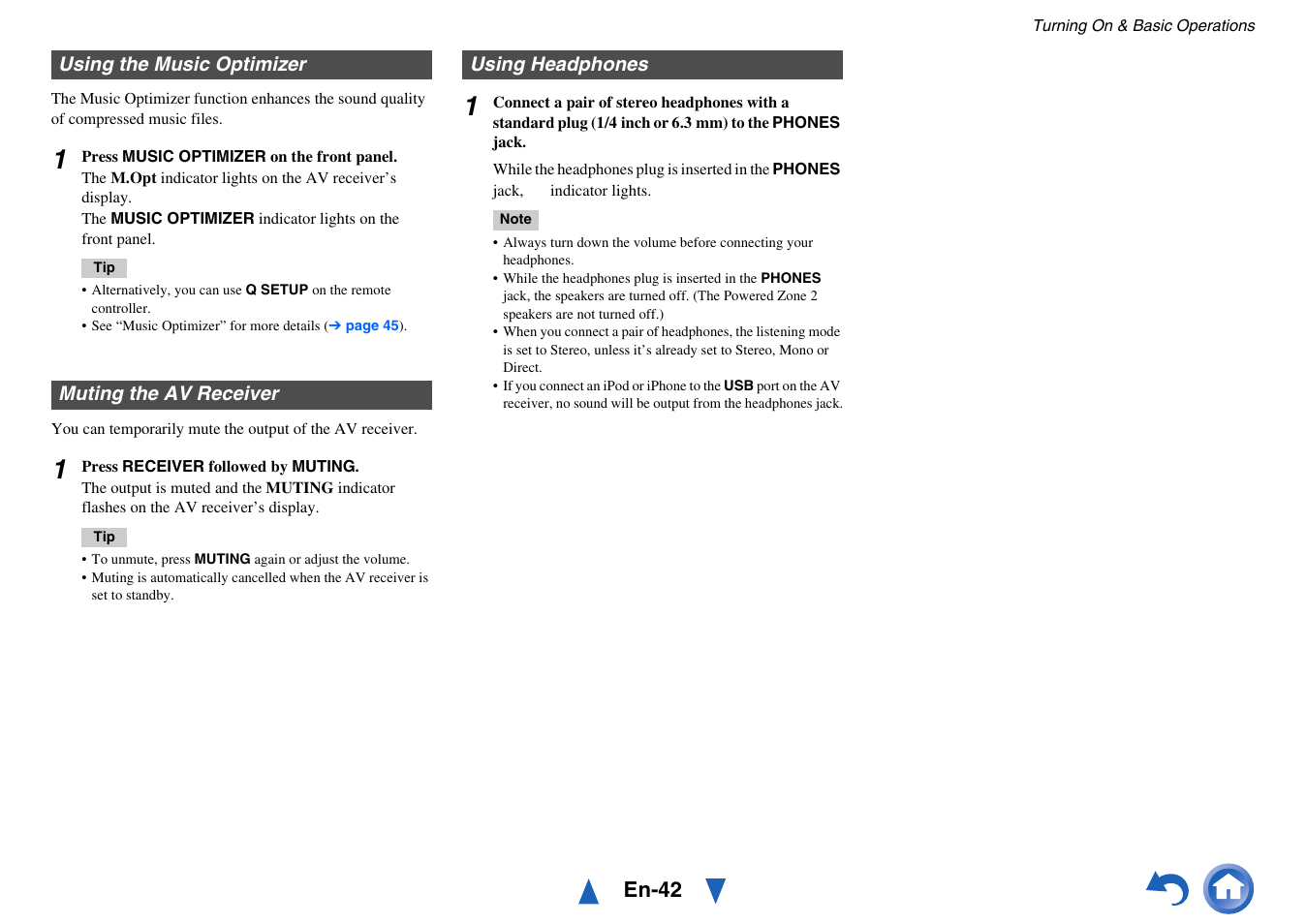 Using the music optimizer, Muting the av receiver, Using headphones | Jack, En-42 | Onkyo AV Receiver HT-R791 User Manual | Page 42 / 148
