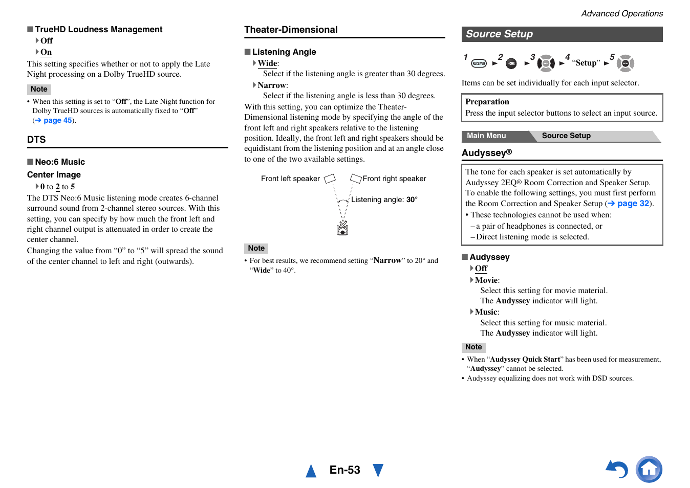Source setup, Audyssey, See “audyssey” in “source setup | Setup, En-53 | Onkyo AV Receiver HT-R791 User Manual | Page 53 / 148