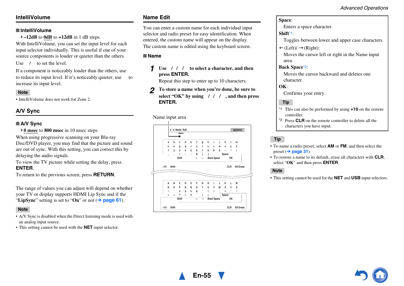 En-55, Intellivolume, A/v sync | Name edit | Onkyo AV Receiver HT-R791 User Manual | Page 55 / 148