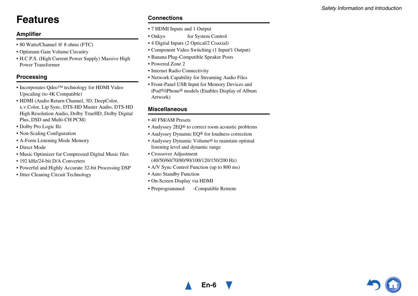 Features, En-6 | Onkyo AV Receiver HT-R791 User Manual | Page 6 / 148