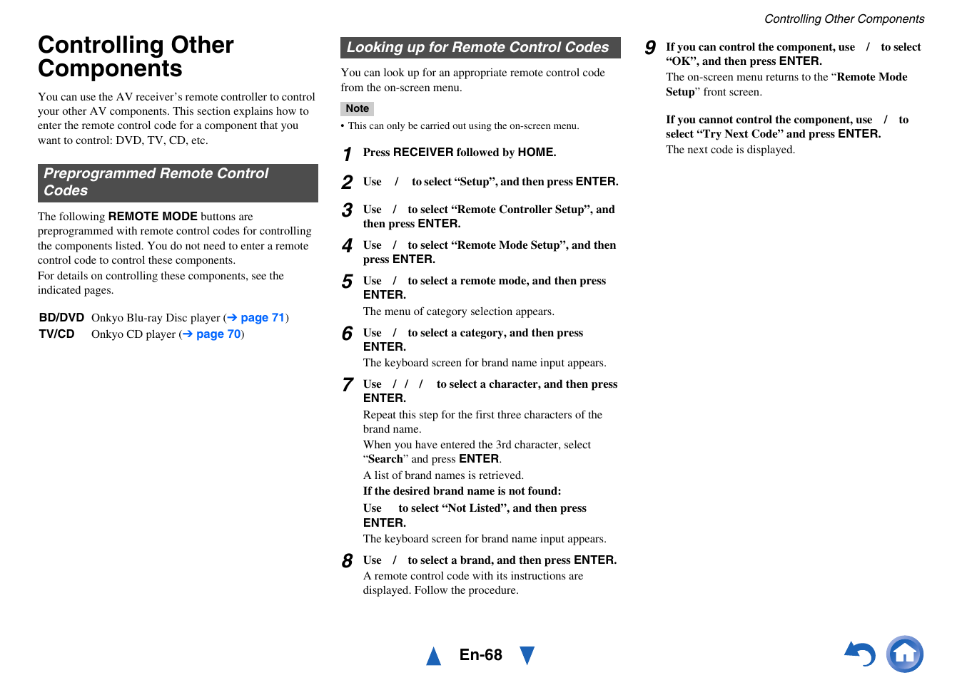 Controlling other components, Preprogrammed remote control codes, Looking up for remote control codes | Step 5 of “looking up for remote control codes | Onkyo AV Receiver HT-R791 User Manual | Page 68 / 148