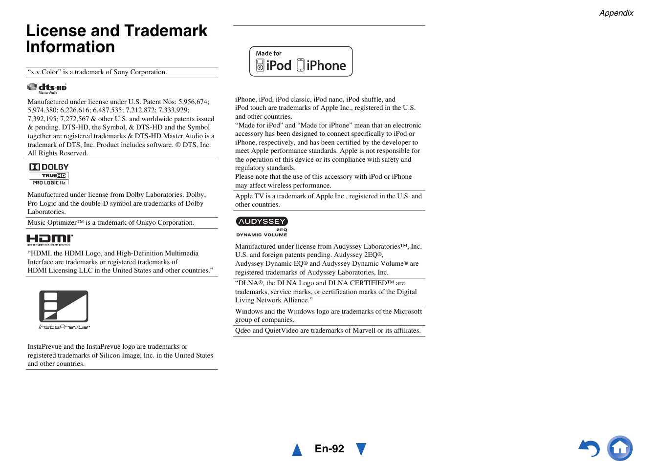 License and trademark information, En-92 | Onkyo AV Receiver HT-R791 User Manual | Page 92 / 148