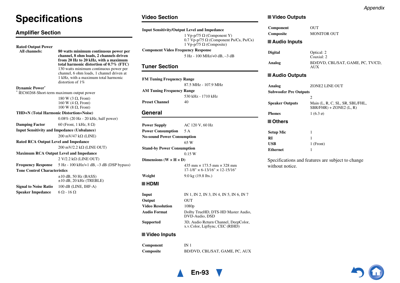 Specifications, En-93 | Onkyo AV Receiver HT-R791 User Manual | Page 93 / 148