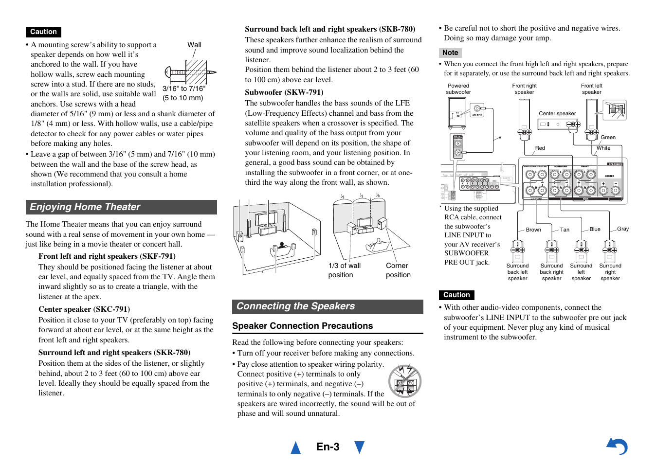 Enjoying home theater, Connecting the speakers, En-3 | Speaker connection precautions | Onkyo AV Receiver HT-R791 User Manual | Page 99 / 148