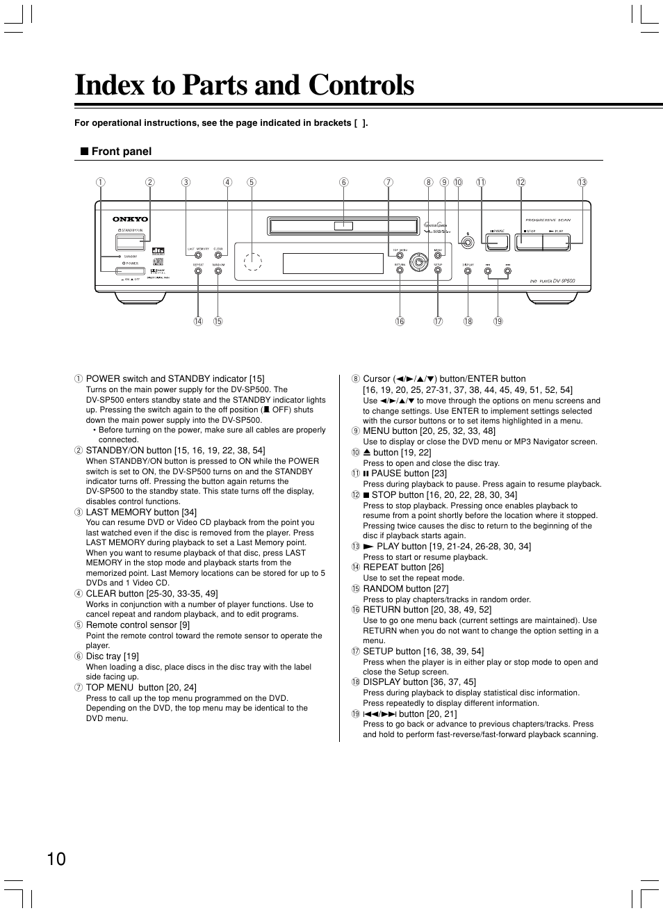 Index to parts and controls | Onkyo DV-SP500 User Manual | Page 10 / 60