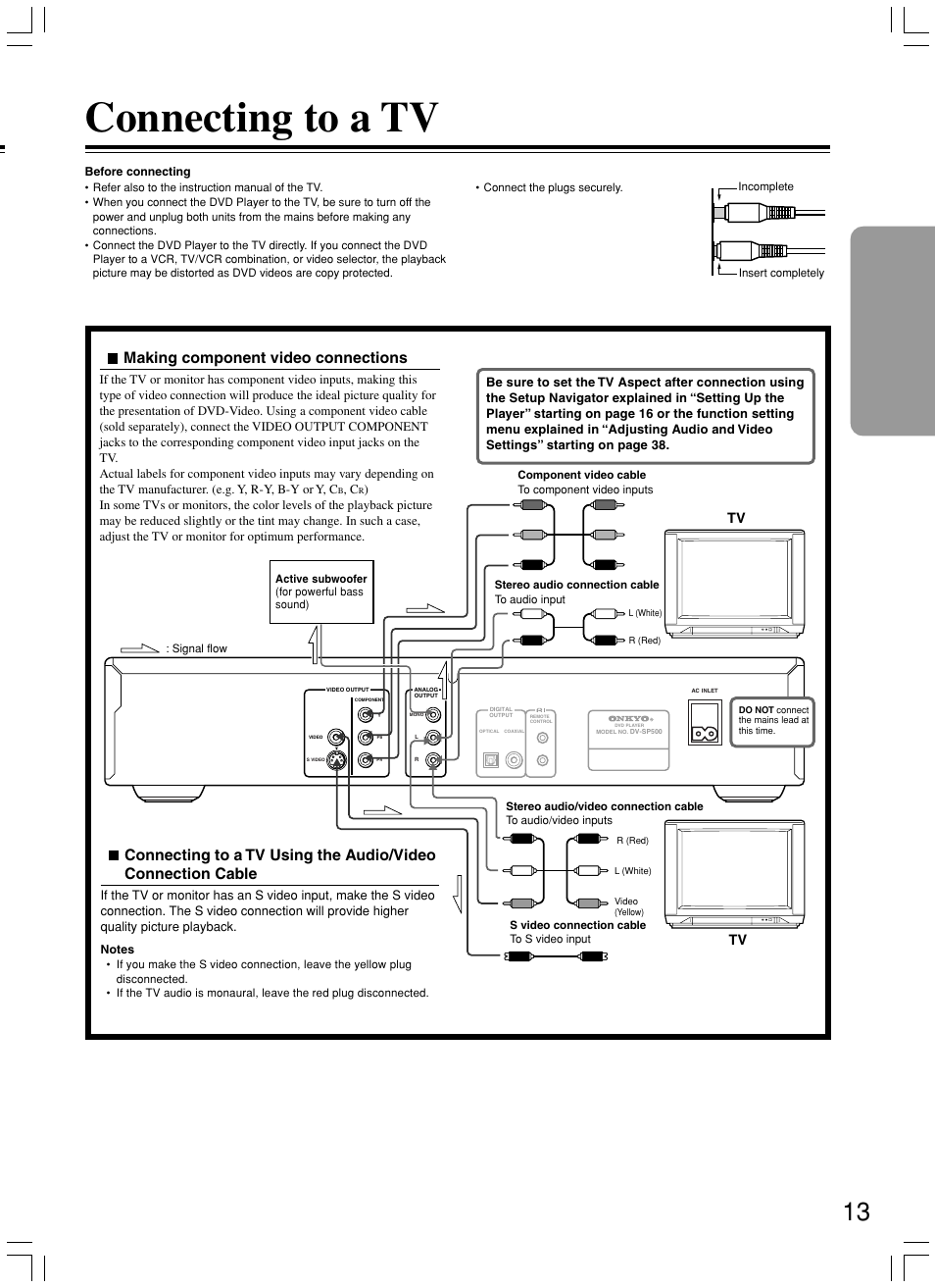 Connecting to a tv, Making component video connections | Onkyo DV-SP500 User Manual | Page 13 / 60