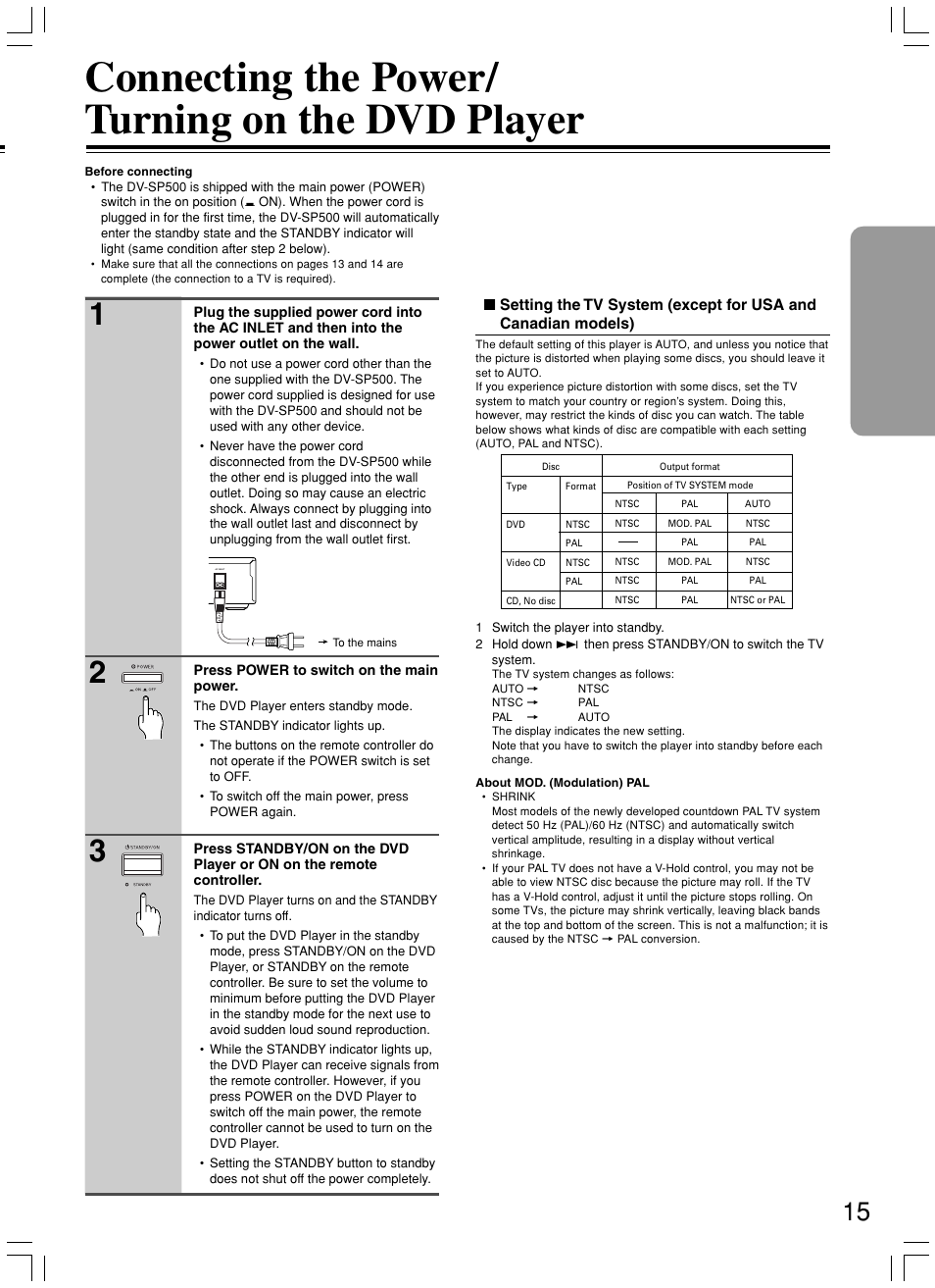 Connecting the power/ turning on the dvd player | Onkyo DV-SP500 User Manual | Page 15 / 60