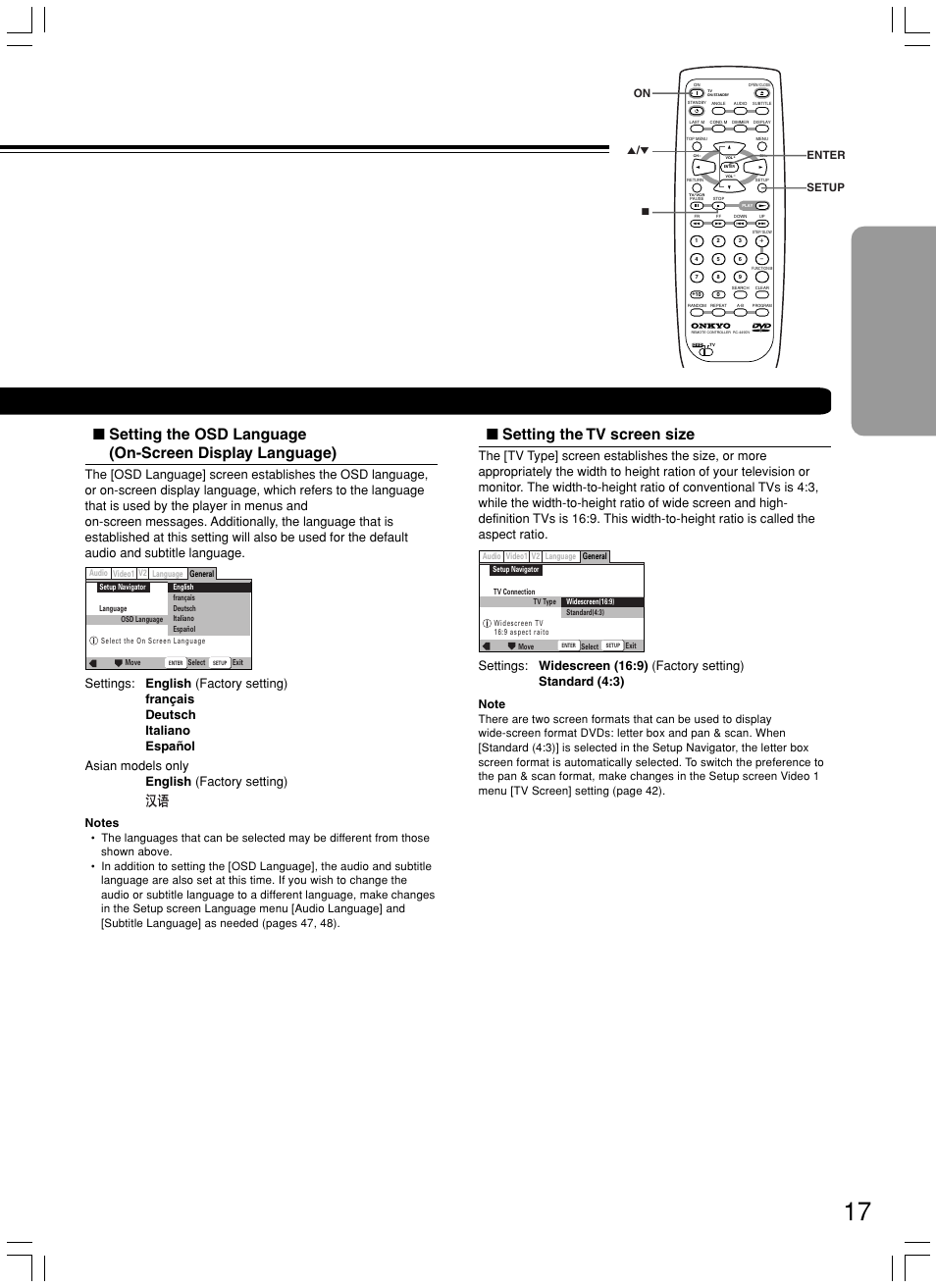 Setting the tv screen size, On setup enter 7 5 | Onkyo DV-SP500 User Manual | Page 17 / 60