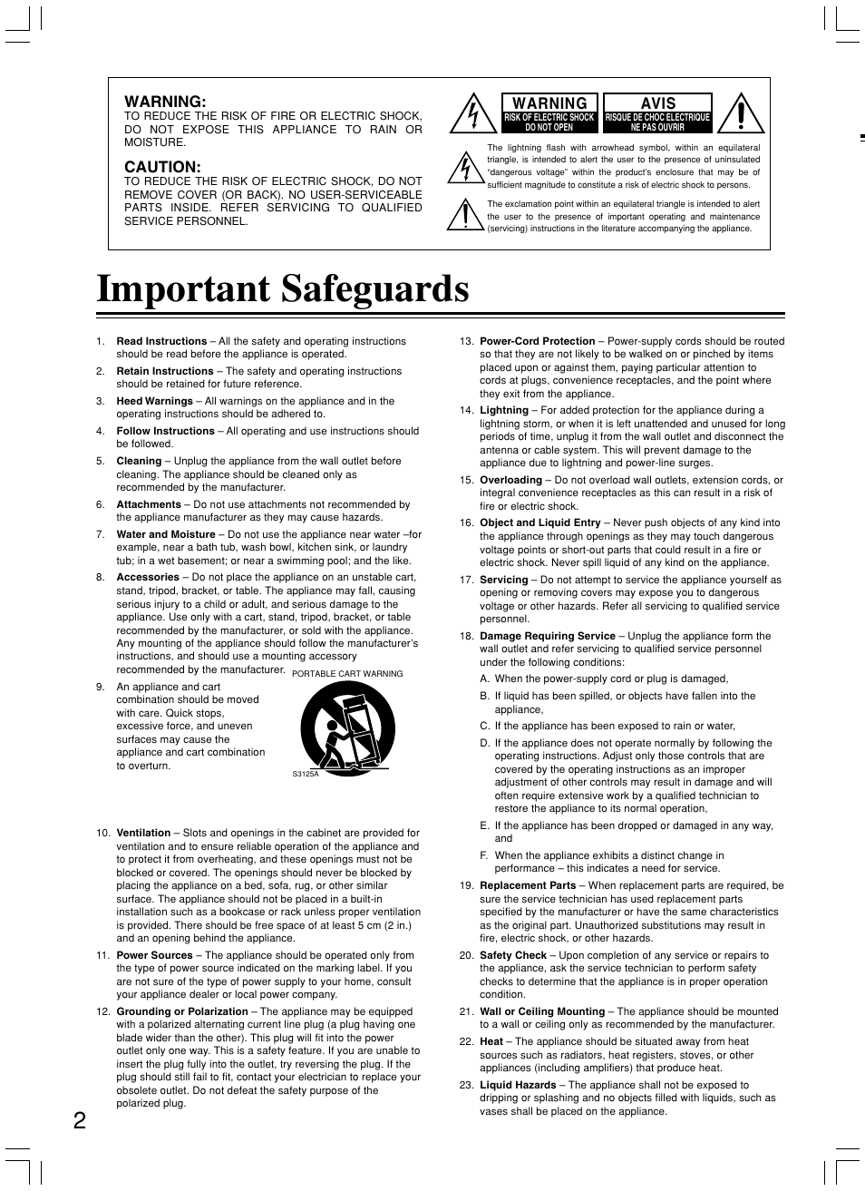 Important safeguards, Warning, Caution | Avis | Onkyo DV-SP500 User Manual | Page 2 / 60