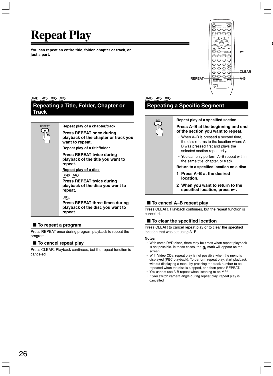 Repeat play, Repeating a title, folder, chapter or track, Repeating a specific segment | Repeat play of a chapter/track, Repeat play of a title/folder, Repeat play of a disc | Onkyo DV-SP500 User Manual | Page 26 / 60