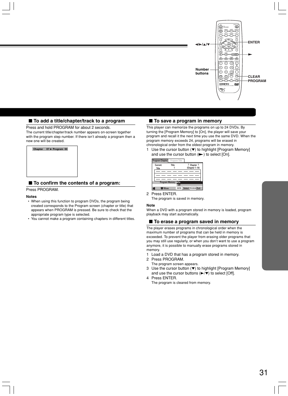 Press and hold program for about 2 seconds, Press program, 2 press enter | The program screen appears, 2 / 3 / 5 / ∞ £ clear enter program number buttons | Onkyo DV-SP500 User Manual | Page 31 / 60