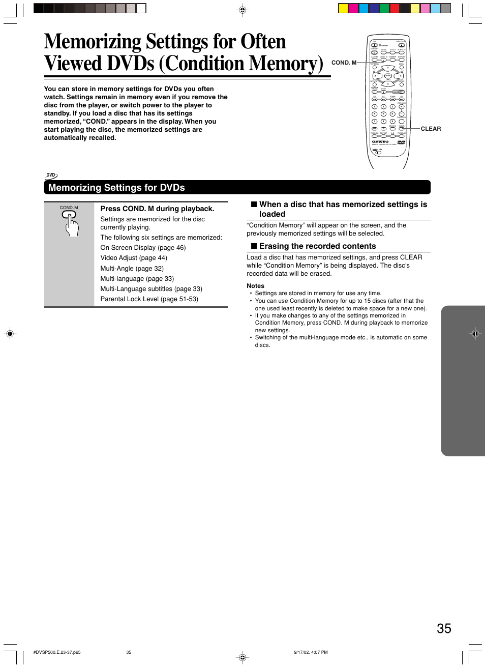 Erasing the recorded contents, Press cond. m during playback, Clear cond. m | Onkyo DV-SP500 User Manual | Page 35 / 60