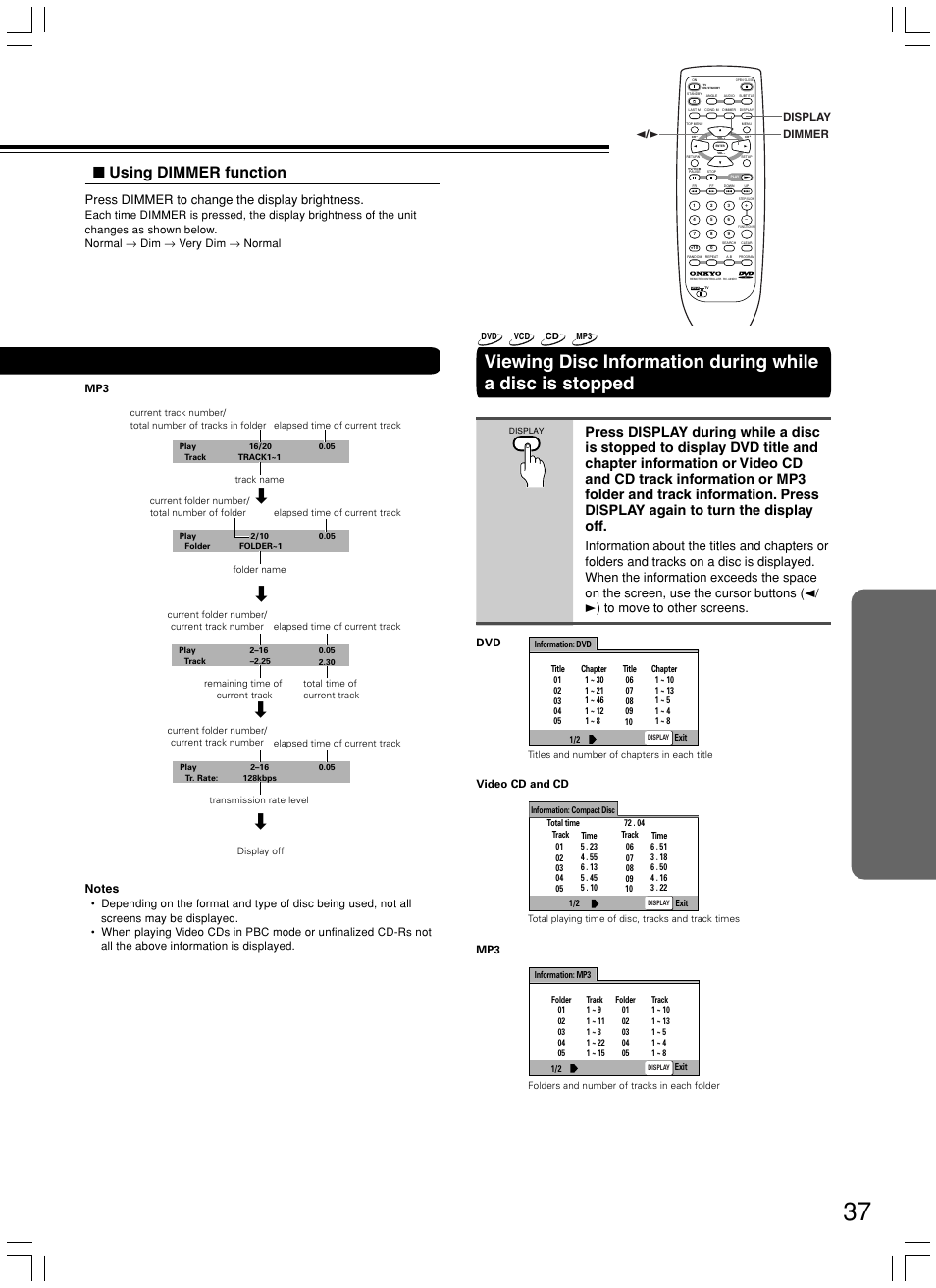 Using dimmer function, Press dimmer to change the display brightness | Onkyo DV-SP500 User Manual | Page 37 / 60
