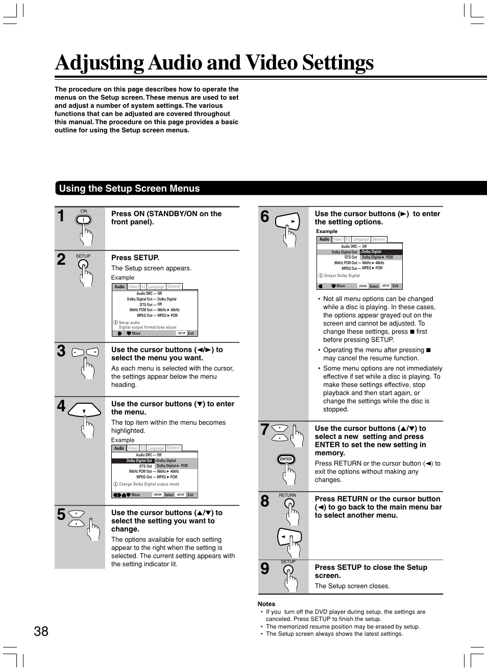 Adjusting audio and video settings, Using the setup screen menus | Onkyo DV-SP500 User Manual | Page 38 / 60