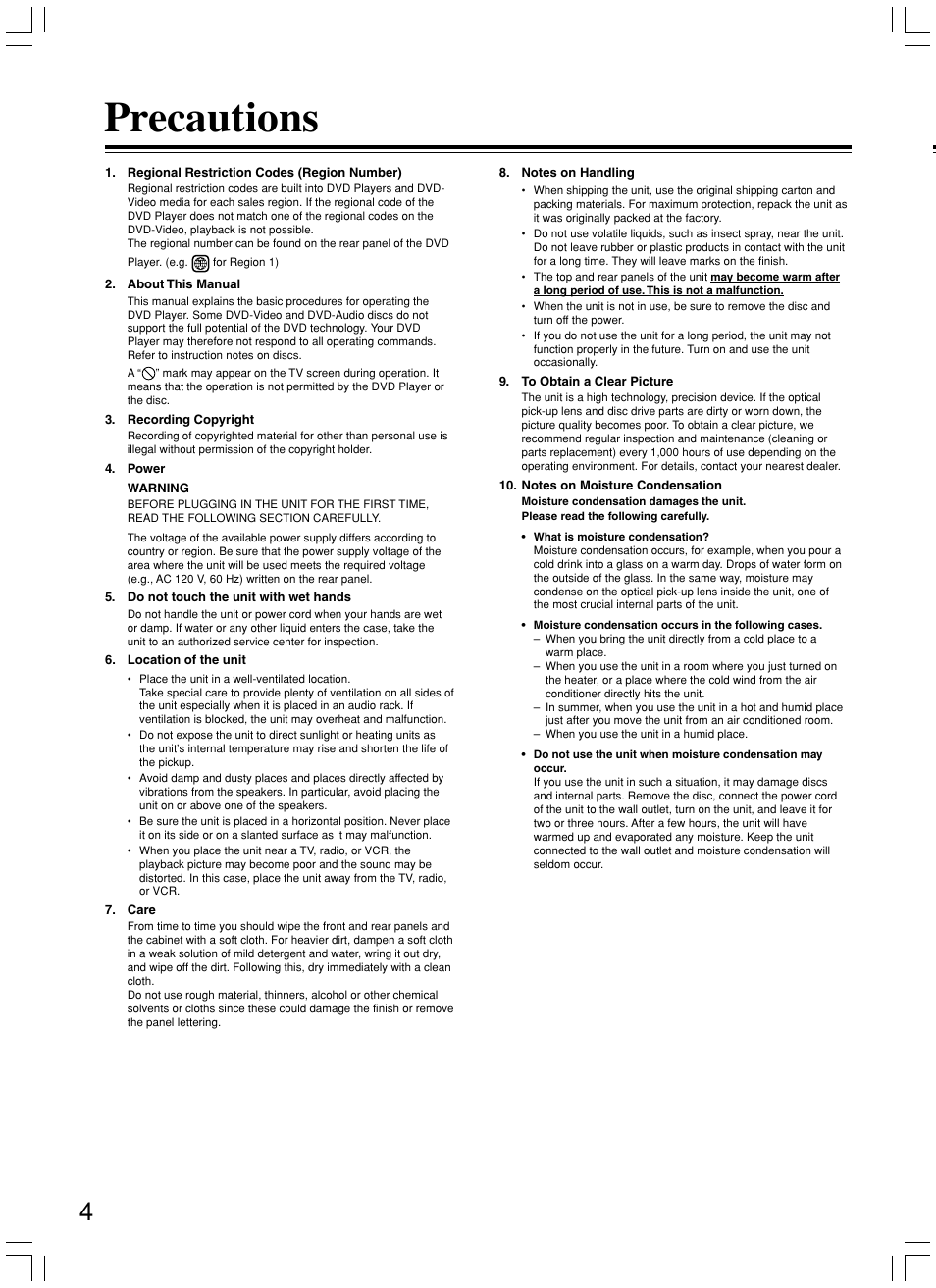 Precautions | Onkyo DV-SP500 User Manual | Page 4 / 60