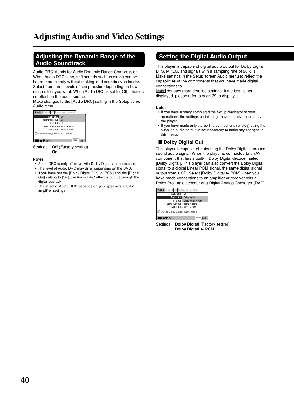 Adjusting audio and video settings, Setting the digital audio output, Dolby digital out | Onkyo DV-SP500 User Manual | Page 40 / 60