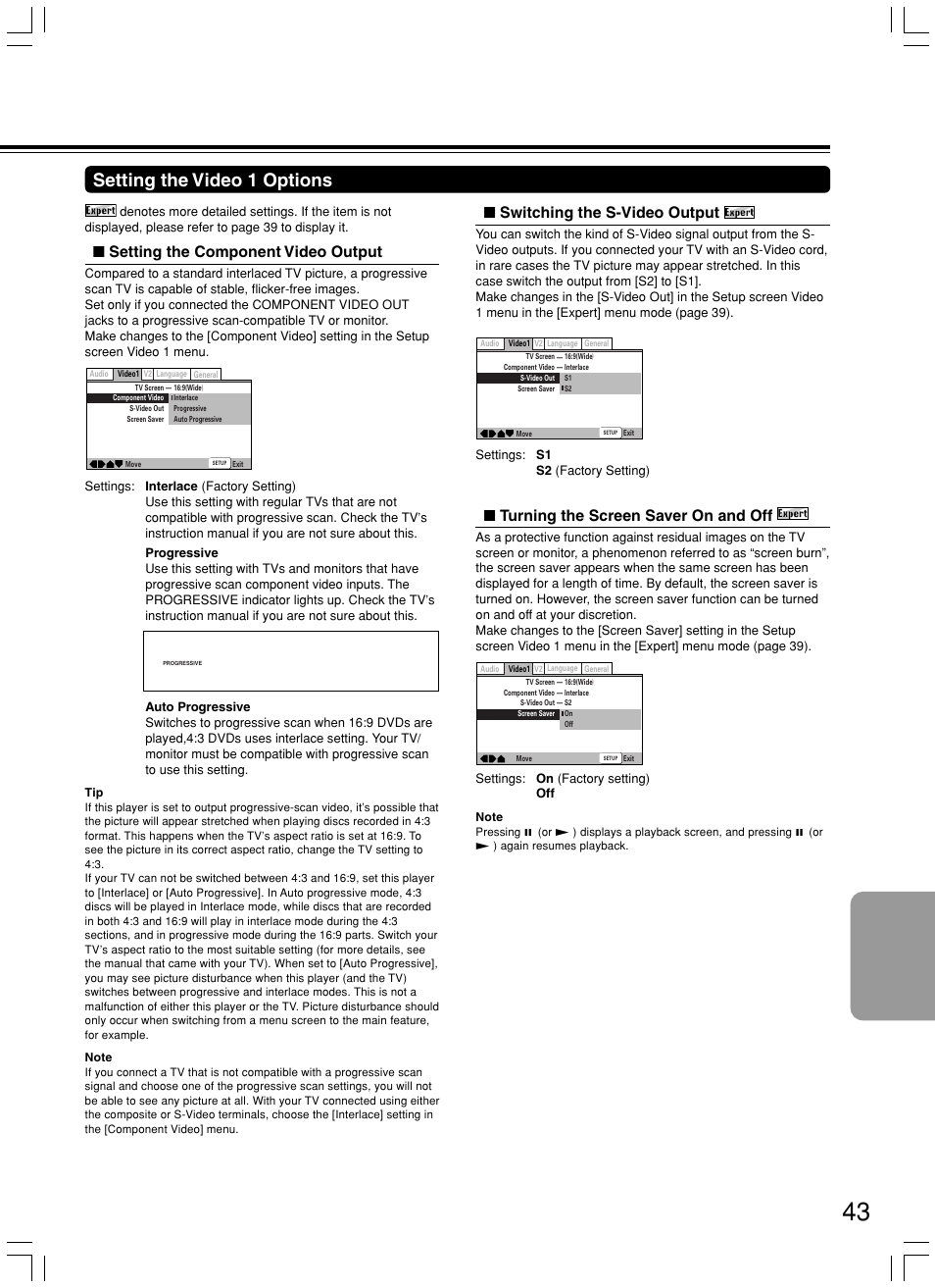 Setting the video 1 options, Turning the screen saver on and off, Switching the s-video output | Setting the component video output | Onkyo DV-SP500 User Manual | Page 43 / 60