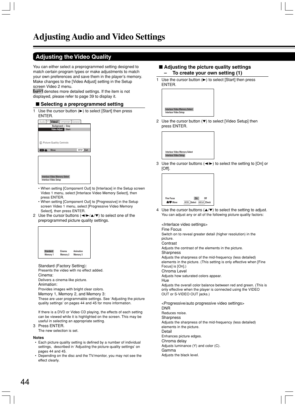 Adjusting audio and video settings, Adjusting the video quality, Selecting a preprogrammed setting | Onkyo DV-SP500 User Manual | Page 44 / 60