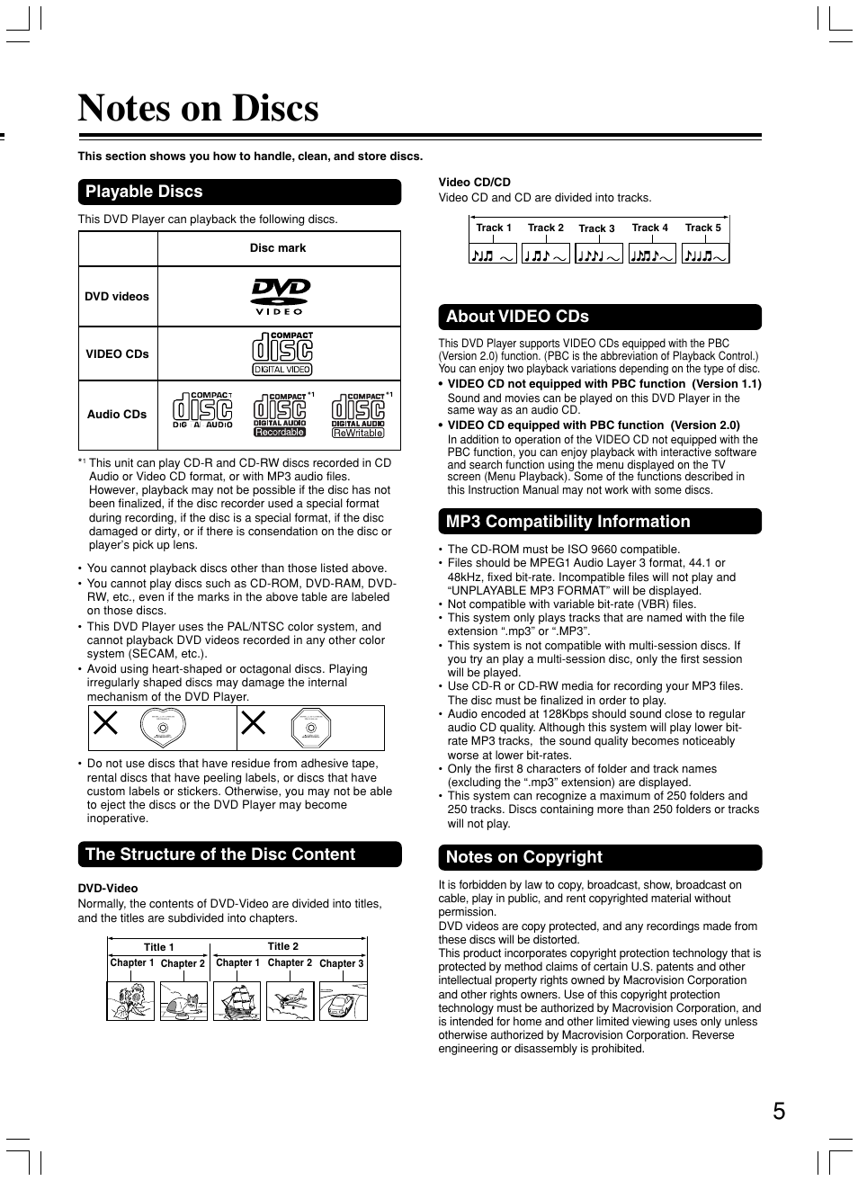 Playable discs, About video cds, Mp3 compatibility information | The structure of the disc content | Onkyo DV-SP500 User Manual | Page 5 / 60