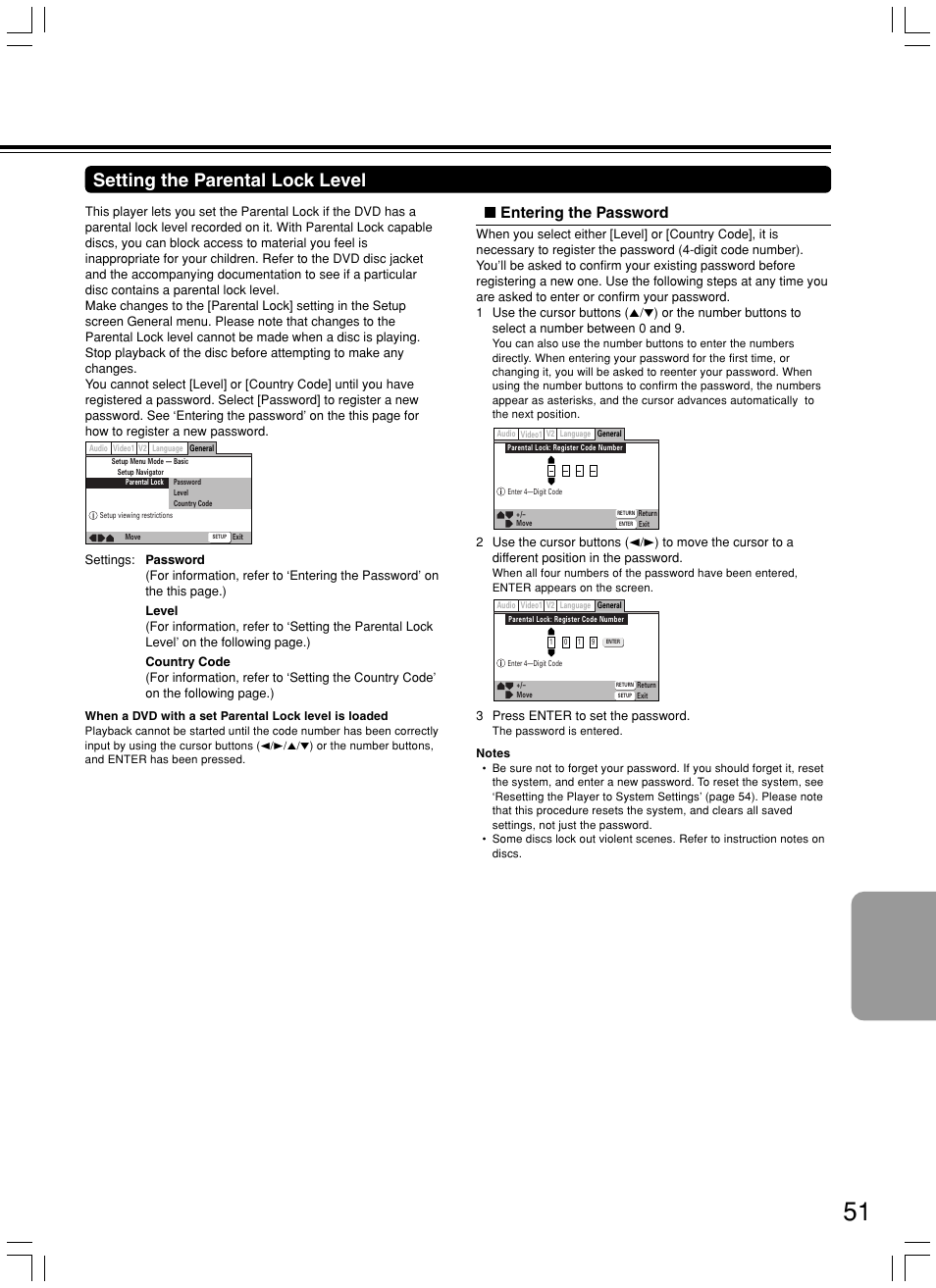 Setting the parental lock level, Entering the password | Onkyo DV-SP500 User Manual | Page 51 / 60