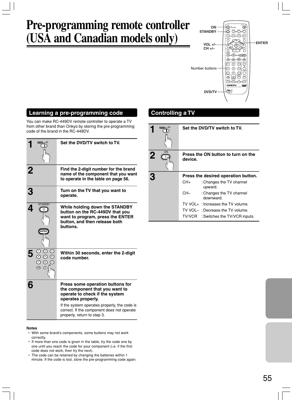 Learning a pre-programming code, Controlling a tv | Onkyo DV-SP500 User Manual | Page 55 / 60
