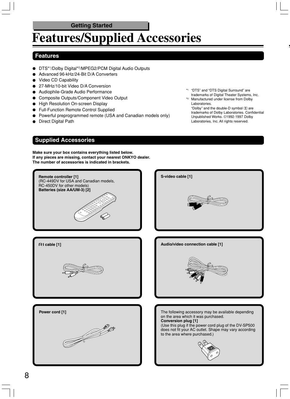 Features/supplied accessories, Getting started, Supplied accessories | Features | Onkyo DV-SP500 User Manual | Page 8 / 60